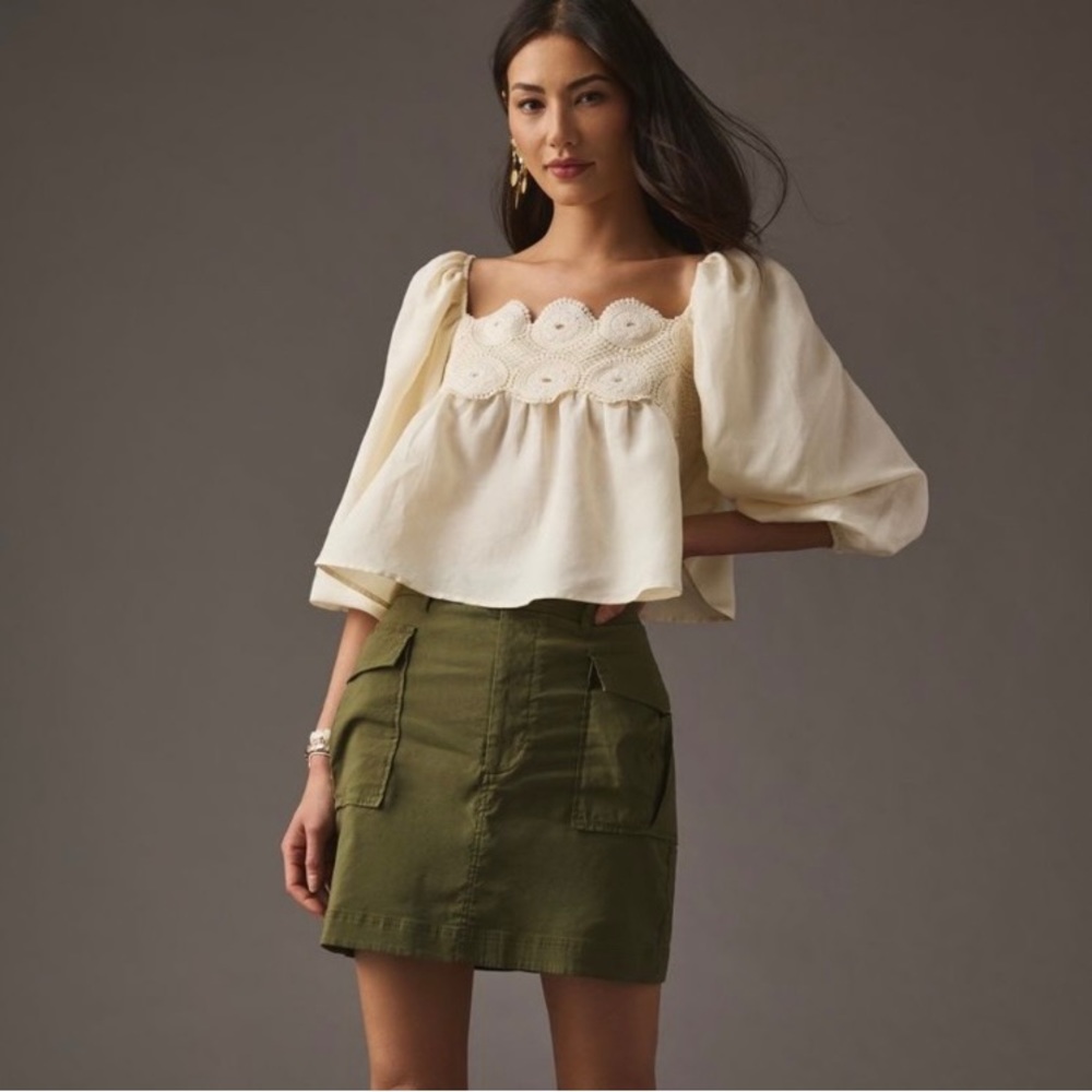 Anthropologie Lace Babydoll Top XXS viscose Linen cream beige petite Crop Top